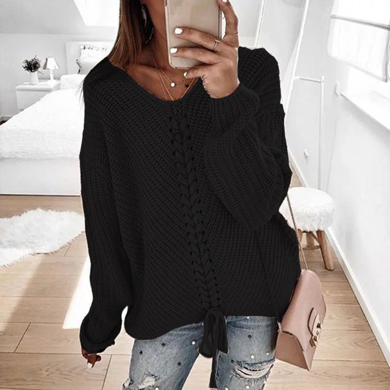 Womens Fashion Pullover Sweaters Knitted Solid Color Casual Long Sleeve Loose Cardigans Jerseys Tops V Neck Fall Winter Spring