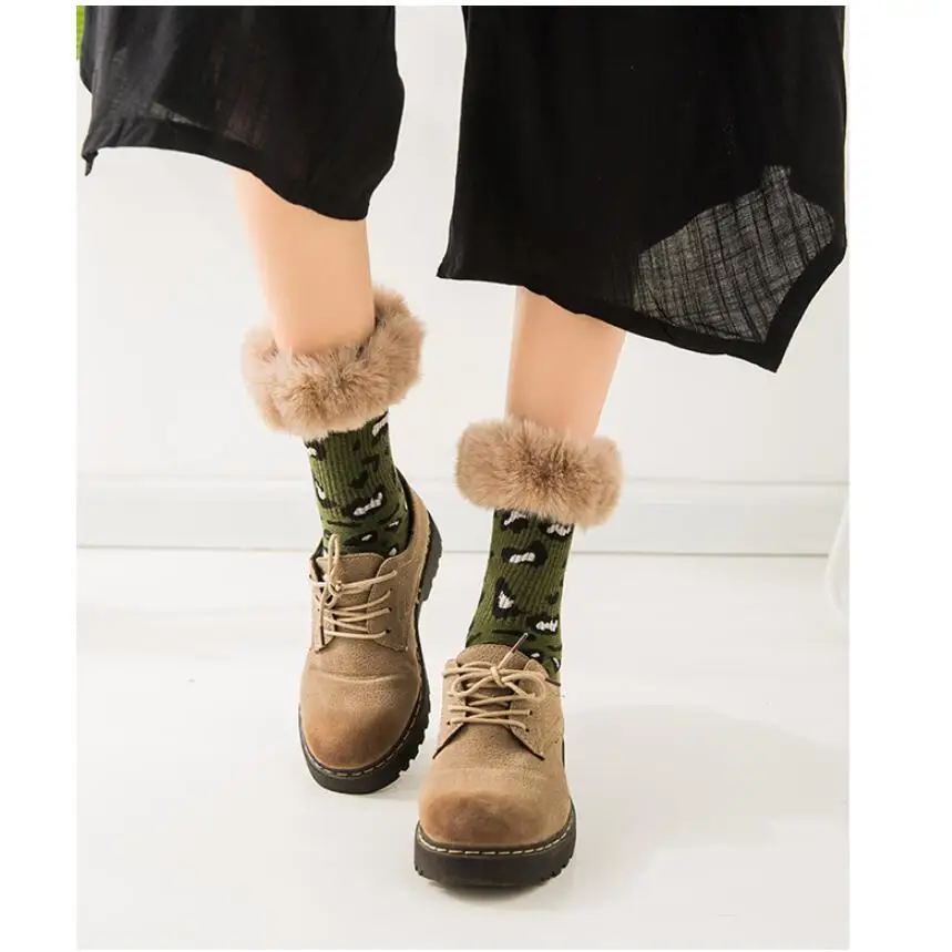 Women Solid Leopard Cotton Socks Faux Fur Cuff Girls Warm Winter Socks Leopard Ankle Socks Crew Socks Short Socks 8/10 Pairs/lot