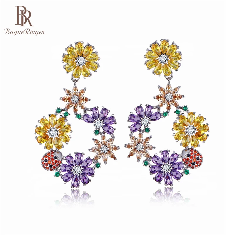 

Bague Ringen Luxury Flower Charms Earrings for Women Sterling Silver 925 Jewelry AAA Zircon Ear drops Picnic Party Wholesale