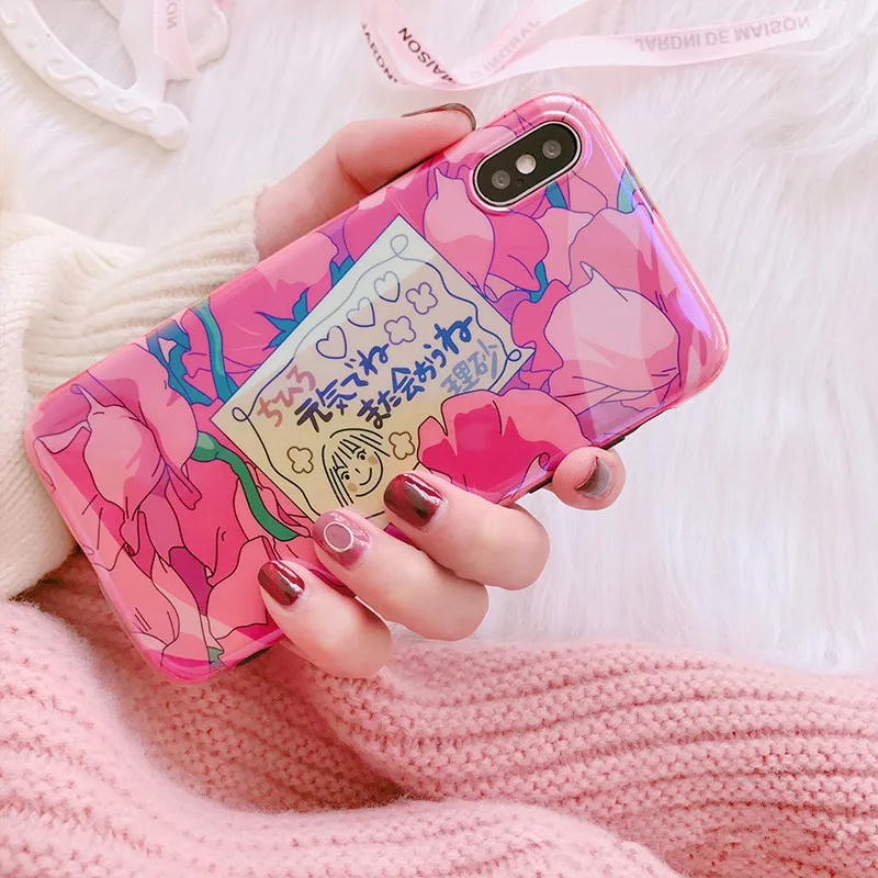 Милые японские розовые цветы для iPhone11 Pro Max XR Xs X Xsmax 6 6s 7 8 Puls Laser Blu-Ray Мягкая