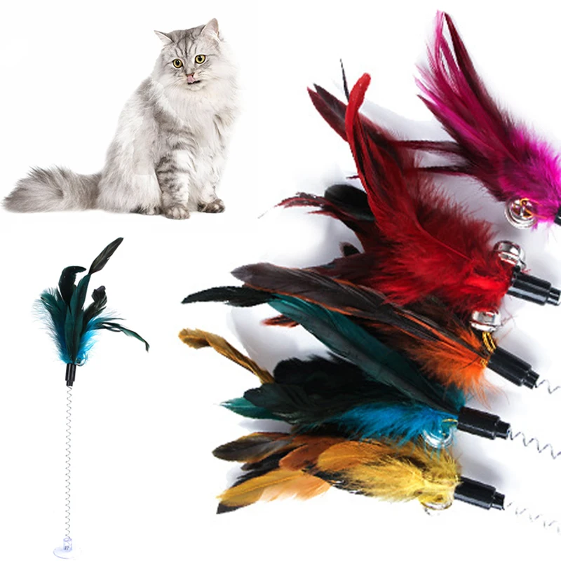 

1pc Cat Toy Interesting Elastic Color Mouse And Feather Bottom Sucker Pet Teaser Toy Wand Interactive Supplies Random Color