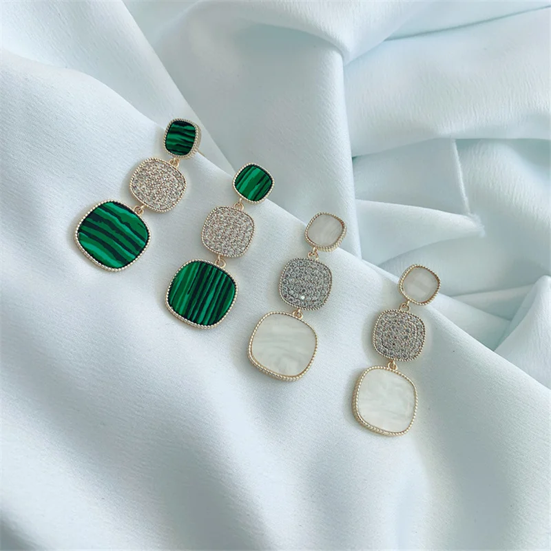 

Micro Inlaid Green Crystal Women Earring Jewelry 2021 New Trendy Earrings Female Temperament Long Square Drop Accessories On Ear