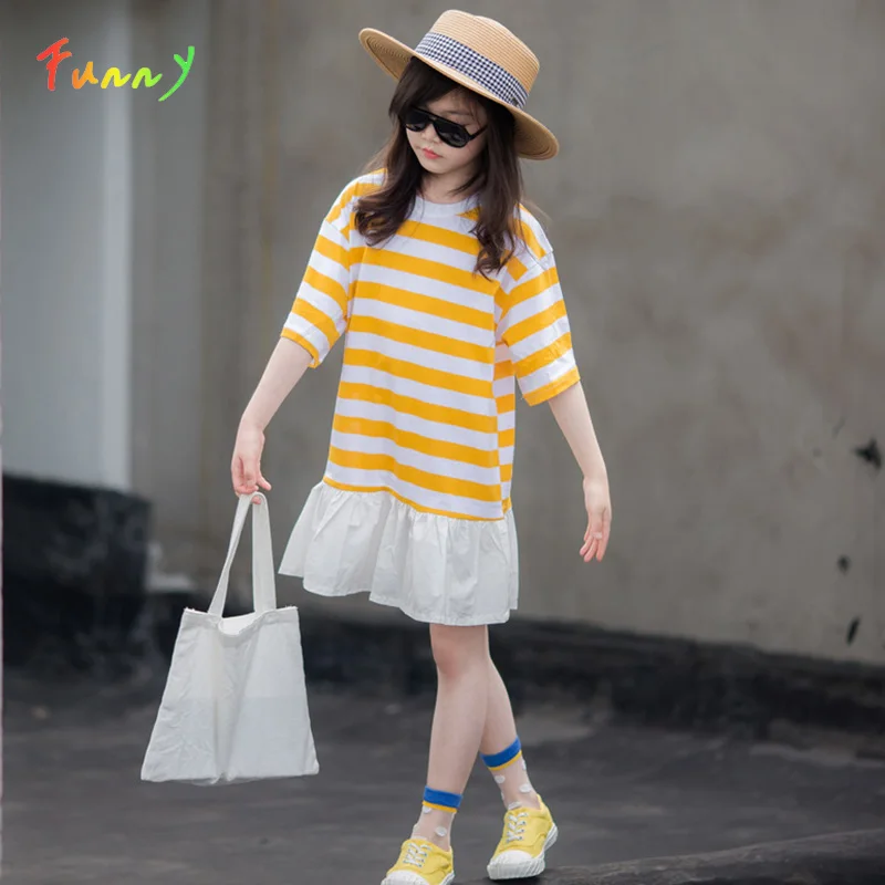 

Yellow Ruffle Striped Girl Dress Summer Cotton Beach Dress for Girls Knee Length Casual Teenage Kids Clothes 6 8 10 12 14 Years