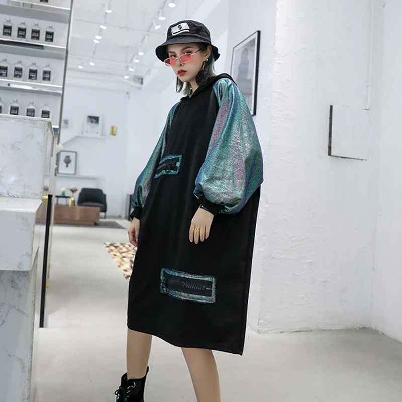 

CHICEVER Patchwork Hit Color Dress For Women Hooded Lantern Sleeve Oversize Casual Midi Dresses Female 2020 Autumn Fashion New