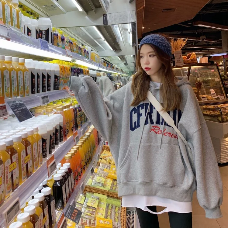 

XZ3006 женская версия плюс бархатная Толстая вышитая надпись с капюшоном свободная повседневная куртка красные толстовки