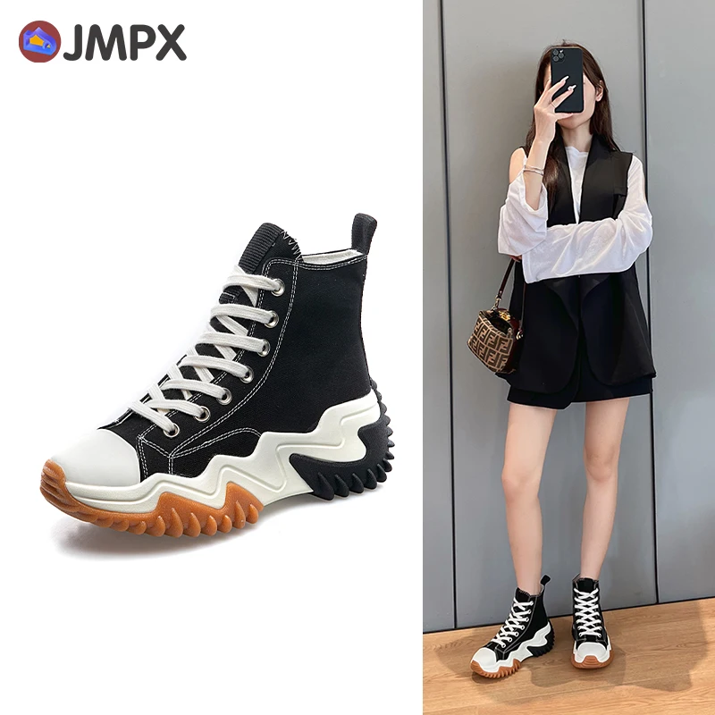 JMPX Women's High Platform Canvas Shoes Fashion Female Round Toe Lace Up Pumps Sneakers Spring Women High Top Vulcanized Shoes