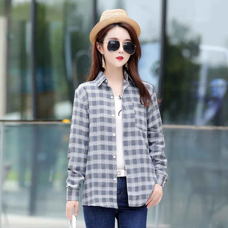 

New 2020 Women Autumn Blouse Fashion Cotton Korean Plaid Blouses Long Sleeve Shirt Streetwear Loose Shirts Tops Blusas Plus Size