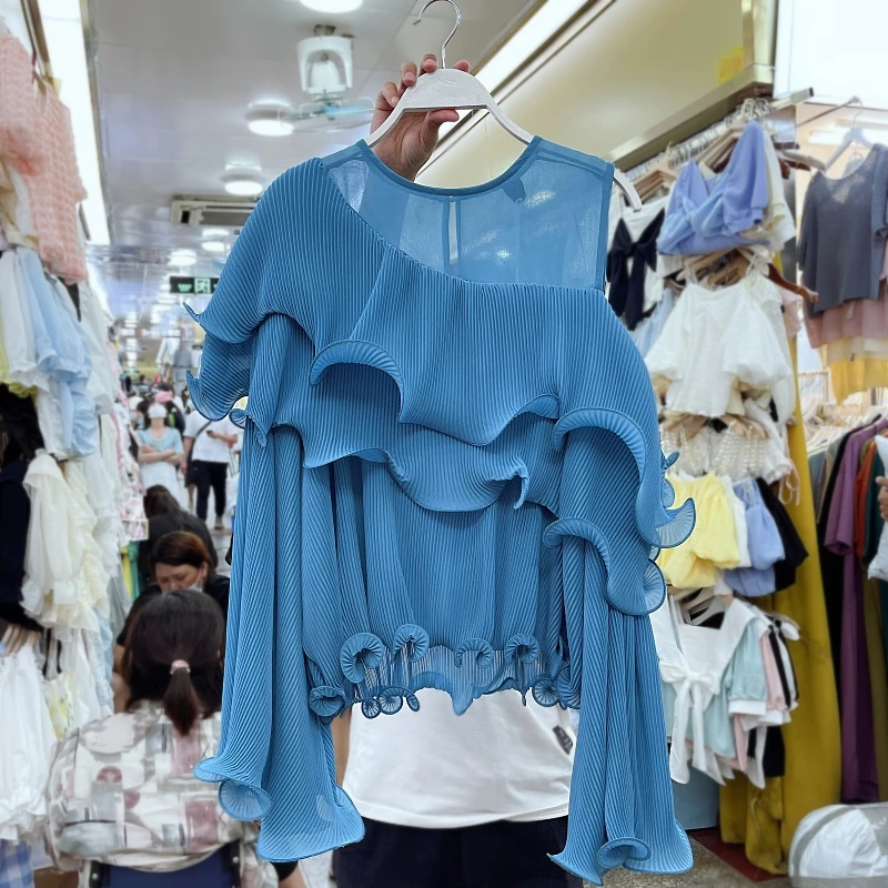 

Asymmetrical Pleated Chiffon Women Blouse Fashion Design Ruffles Solid Elegant Off Shoulder Office Lady Elegant Pulls Outwears