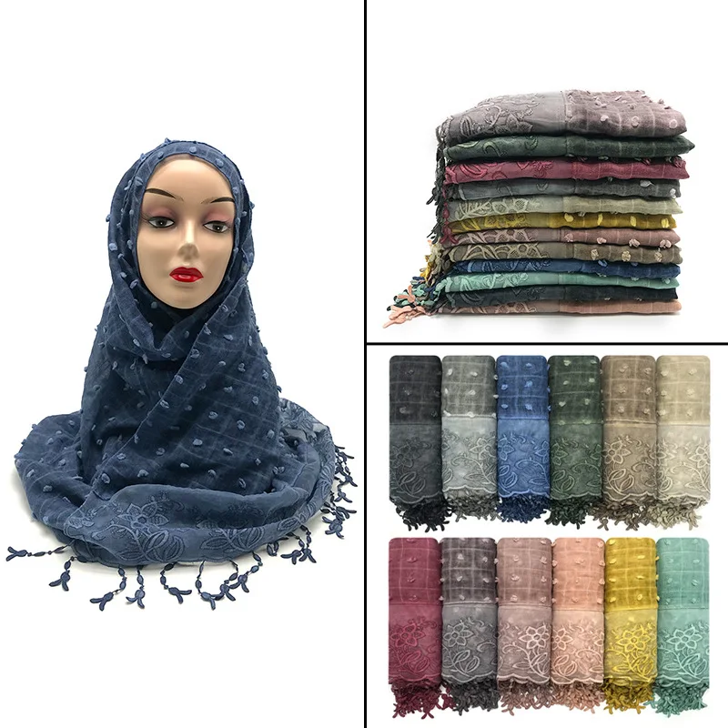 

Beautiful Lace Embroidery Malaysia Headscarf Scarf Muslim Women's Hijab Headwrap With Tassel Viscose Cotton Modesty Long Shawl