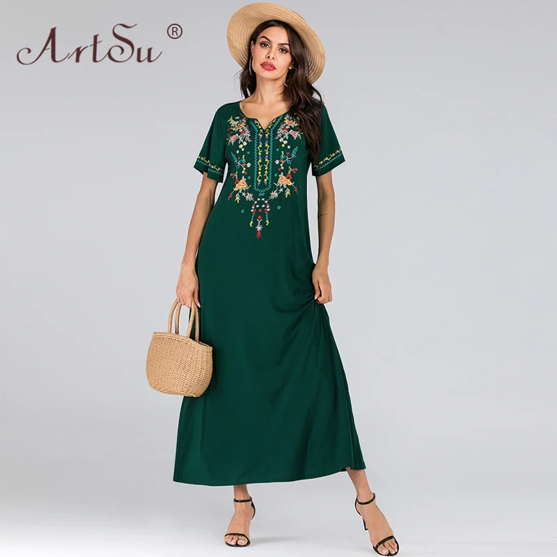 ArtSu 2019 винтажное зеленое женское длинное летнее платье трапециевидной формы с