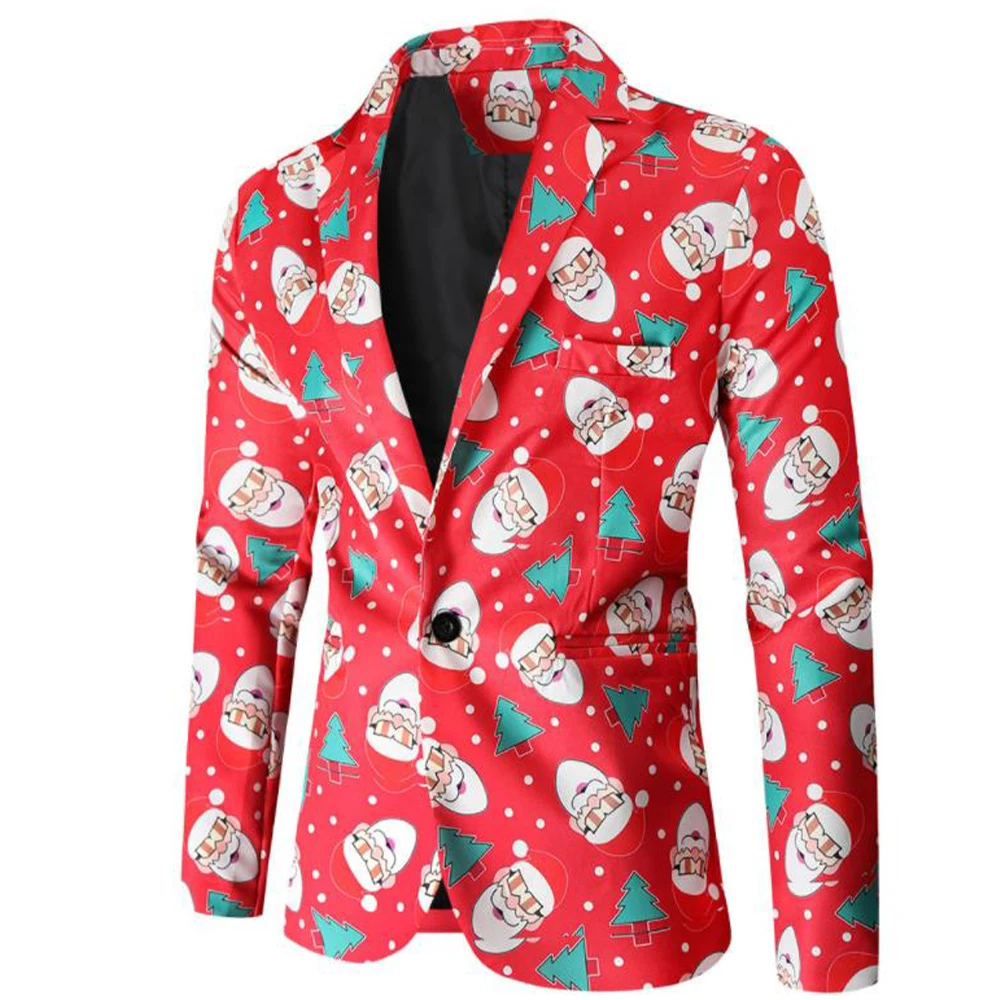 

Christmas Men 3 Piece Suit Santa Claus Print Button Pockets Long Sleeve Buttons Casual One Breasted Blazer Vest Pants Slim Set