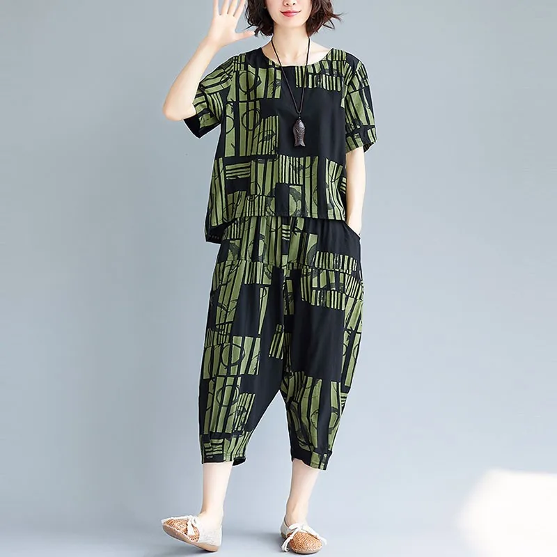 

2 Piece Set Women Cotton Linen Tops And Pants New 2020 Summer Vintage Print Loose Comfortable Female Casual Outfits S1588