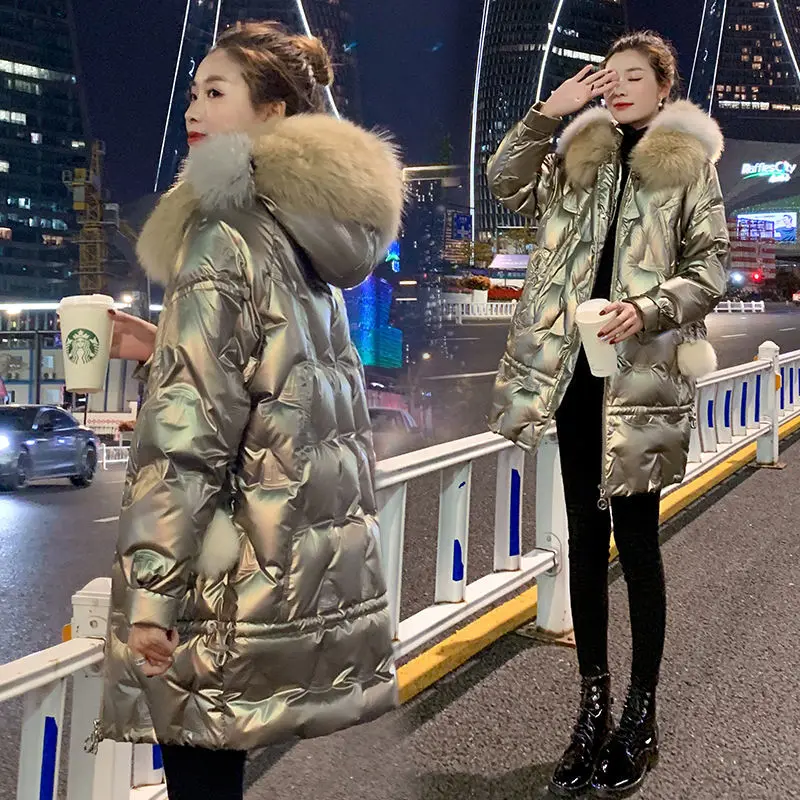 

Women's 2021 new shiny down padded jacket Korean winter padded jacket mid-length loose padded jacket woman jacket