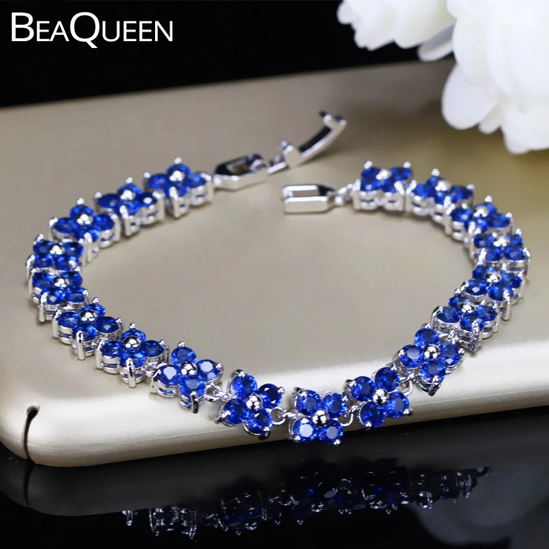 BeaQueen-pendientes de flor de trébol de cuatro hojas para mujer, joyería de moda, azul oscuro, Circonia cúbica, piedra, Pulseras de tenis, B069