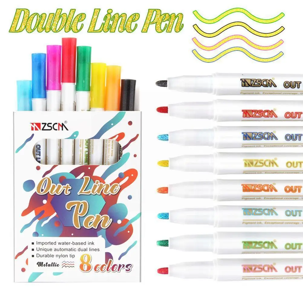 

8pc/set Double Line Outline Pen Glitter Color Marker Handwriting School Pen Supplies Stationery Pen Cute Fine Office For St G0S9