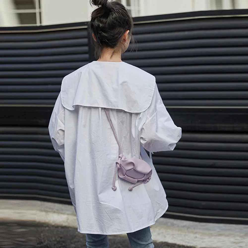 

Japan Style Blouse Spring Summer Korean Fashion Temperament Loose Casual Shirring Single-breasted Solid Color Navy Collar 2021