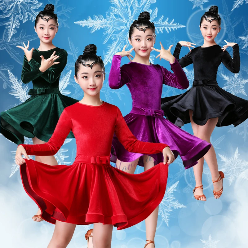 Бархатное платье с длинными рукавами для девочек одежда латинских танцев