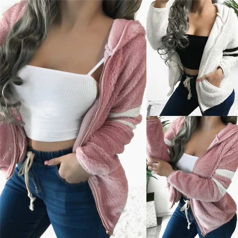 

2019 Plus Size Women Winter Warm Hooded Fleece Jacket Coats Outwear Ladies Long Sleeve Striped Coats Jackets Cardigans Outwear