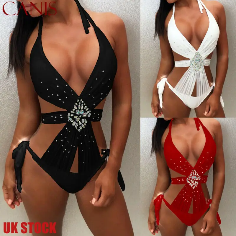 

Fashion Women New Solid Style Rhinestone Crystal Bandage Bikini Set Hot Ladies Push Up Padded Swimwear Swimsuit Black Red White