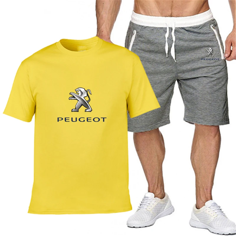 

popular new Peugeot car logo printed pure cotton men's T-shirt + Sports Shorts Set high quality pures T shirt sport running