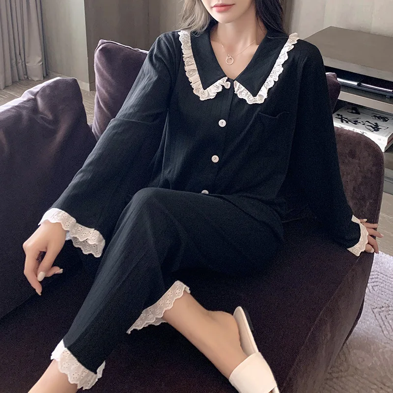 Women's Pajamas Sets Cotton Long Sleeve Autumn Thin Princess Style Fashion Sweet Casual Solid Color Household Clothes Sleep Tops