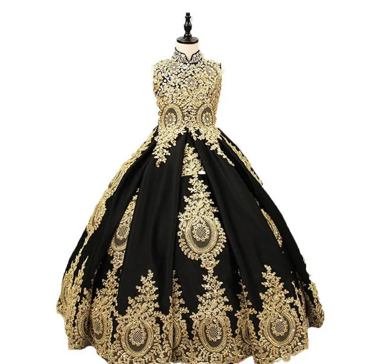 

Платье для девочек с черными цветами и золотыми аппликациями, бальное платье с высоким воротником лиф-корсет, атласное официальное детское ...