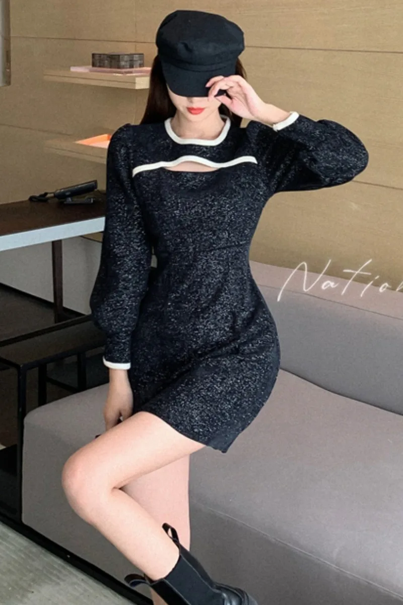 

Dress French Black Dress 2021 Autumn and Winter New Retro Elegant with Small Highlights Hollow-out Cinched Dress Women