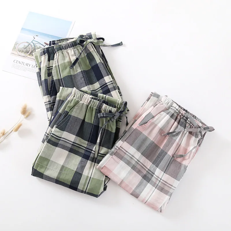 Women Cotton Gauze Pajama Sleepwear Pants Leisure Plaid Men Sleep Long Pants Drawstring Sleep Bottoms Casual Homewear Trousers