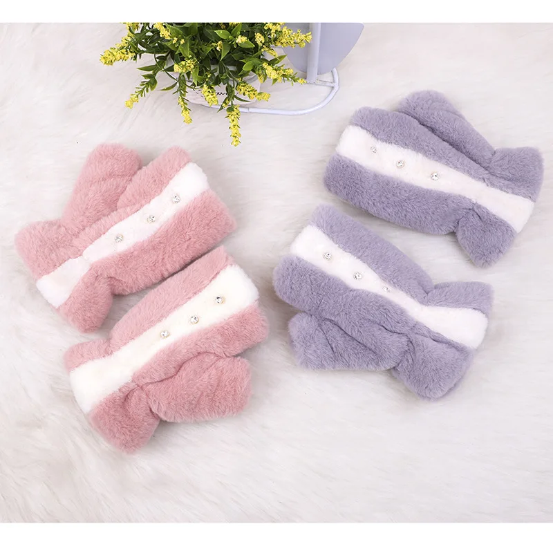 Женские зимние теплые вязаные плюшевые Утепленные перчатки в белую полоску с