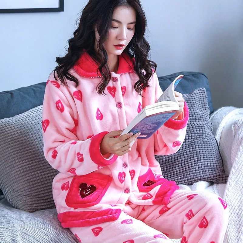 StyleD H5823 плюшевый женский Пижамный костюм женский уплотненный коралловый флис Домашняя одежда Ночная Рубашка Фланелевая пижама с длинными рукавами Осень-зима - Цвет: StyleD