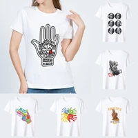 fashionable women street casual t shirt slim retro gesture series printed top commuter round neck comfortable soft all match top