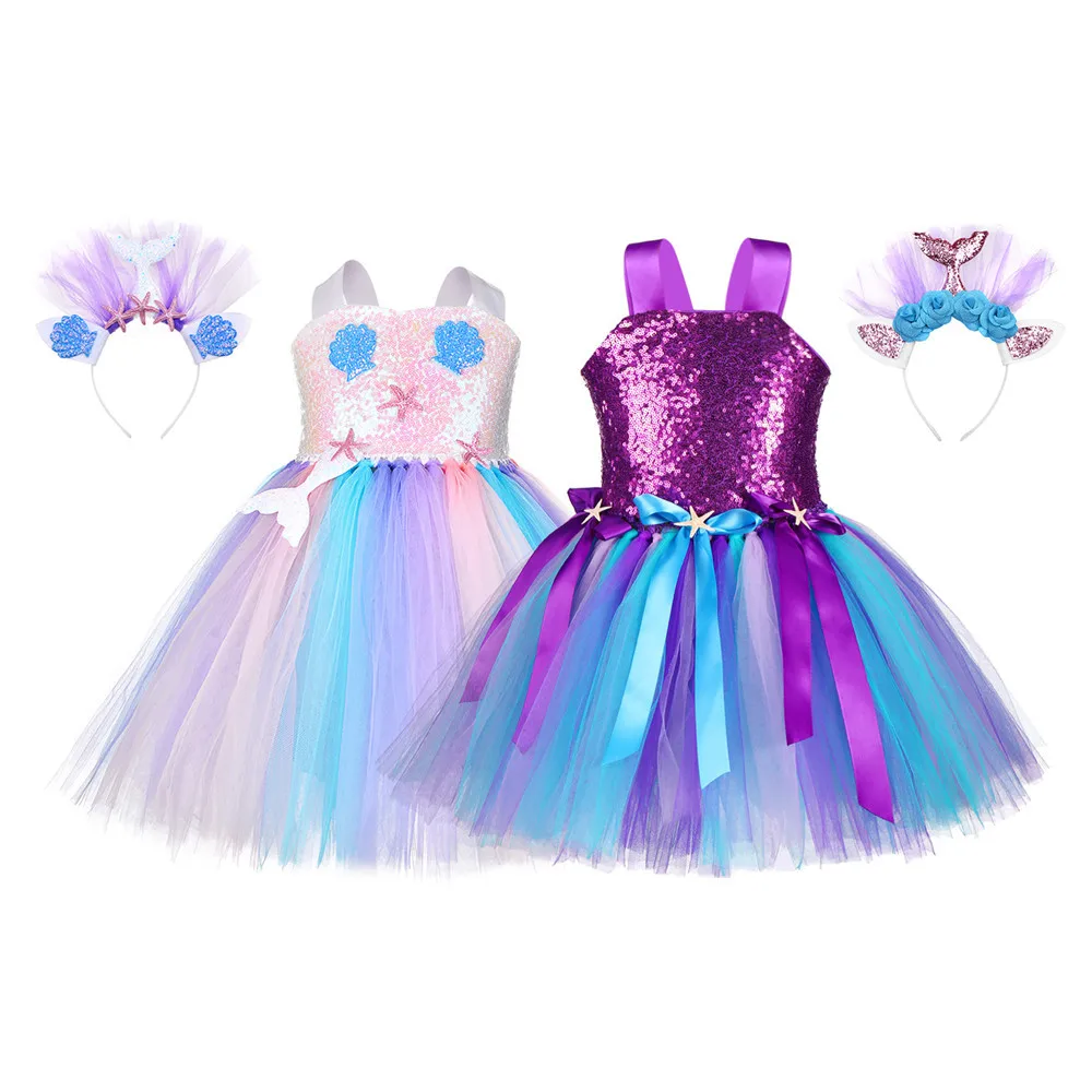 

Princess Girl Mermaid Tutu Dress Kids Sparkle Sequin Purple Starfish Birthday Party Dresses Children Halloween Holidays Costume