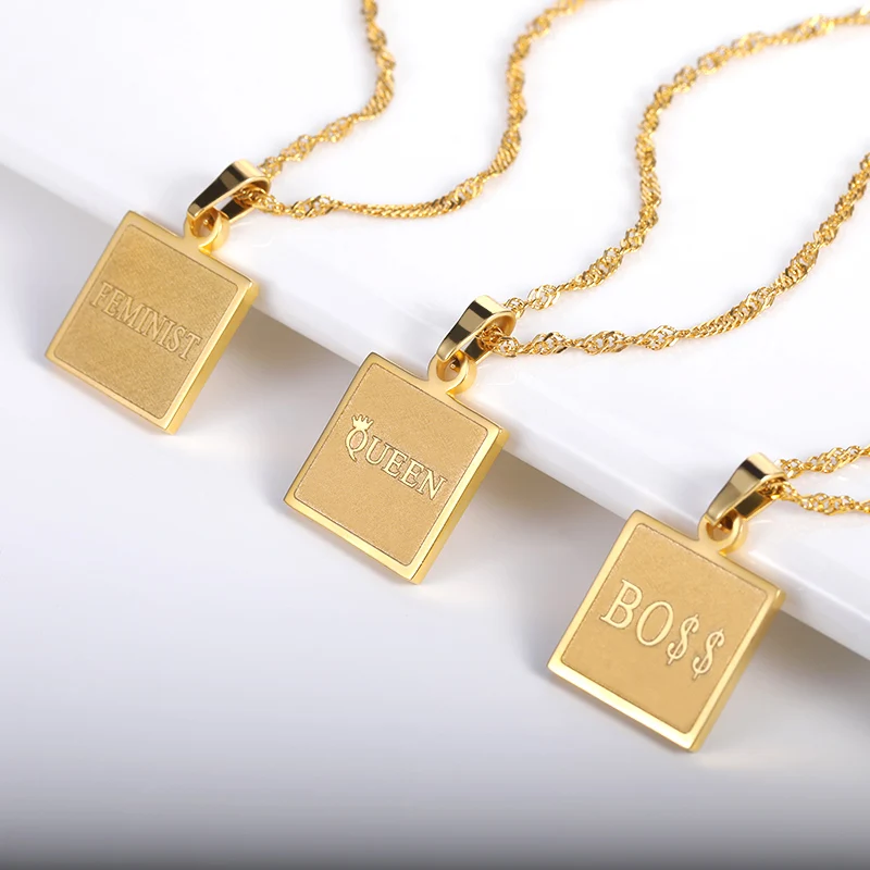 

Stainless Steel Engraved Feminist Boss Queen Necklaces For Women Men Charm Punk Bar Pendant Water Wave Chain Jewelry Gifts 2021