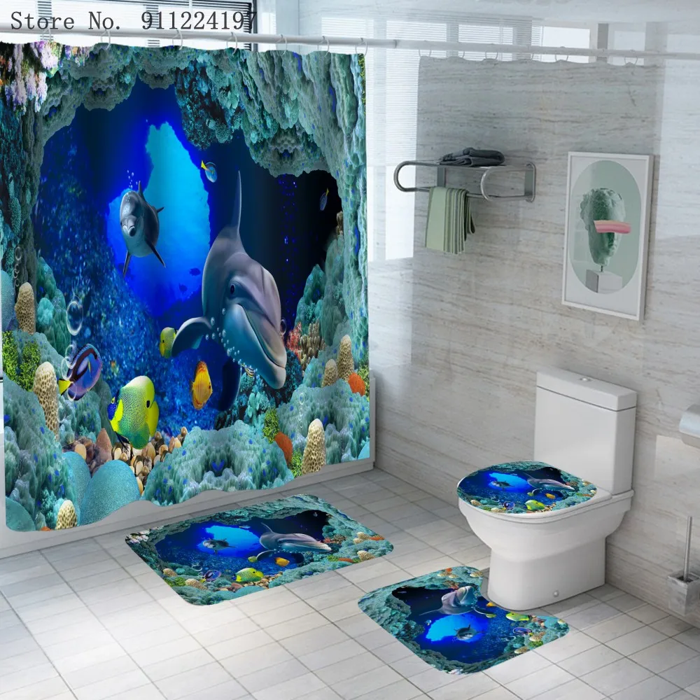 

3d Printed Bathroom Four-Piece Set 4-In-1 Tarp Blue Ocean Shower Curtain Bathroom Set With Non-Slip Carpet Toilet Cover Bath Mat