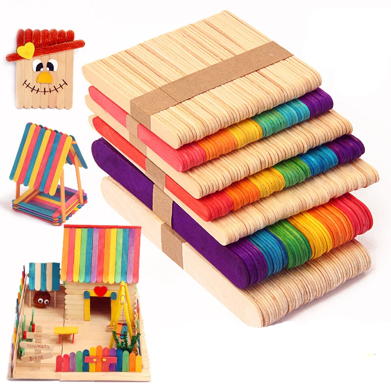 

Colorful Hand Crafts 50pcs DIY Wooden Sticks Popsicle Ice Cream Sticks Art Creative Educational Toys For Children Kids Baby