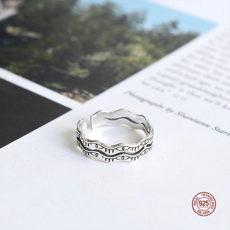 

LKO Personality Simplicity Vintage Wave 925 Sterling Silver Open Adjustable Rings For Women Fashion Punk Style Ornaments