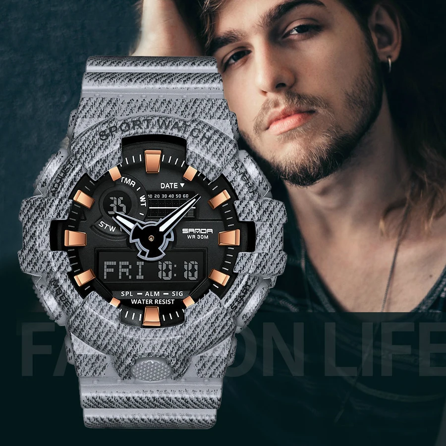 Современные Роскошные мужские часы из денима водонепроницаемые спортивные