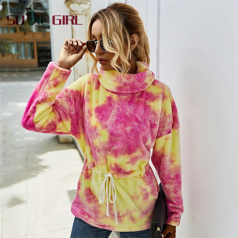 

SUDIE Girl 2020 Fashion sexy slim women's top autumn long-sleeve high-neck contrast tie-dye waist is thin