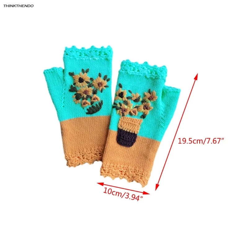 

Women Winter Knitted Fingerless Gloves Sweet Daisy Floral Handmade Embroidery Thumbhole Texting Mittens Arm Warmers