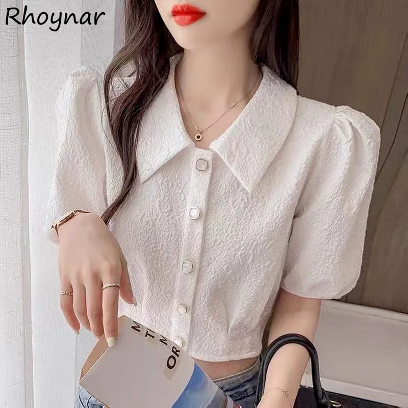 

Shirts Women Solid Fashion Summer Temperament All-match Simple Puff Sleeve French Style Female Clothing Sweet Turn-down Collar