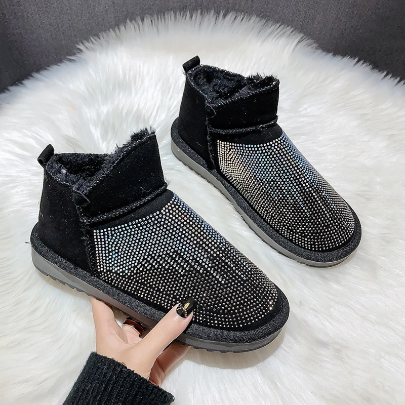 Ankle Boots Female Women Shoes Rhinestone Luxury Shoes Winter Plush Snow Boots Ladies Designer Shoes Non-Slip Home Woman Shoes