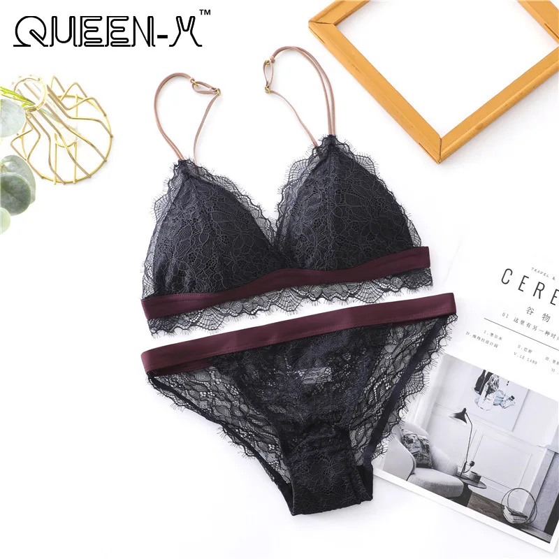 

QUEENX 2020 New French Triangle Cup Ultra-Thin Gathered Underwear Women's Wireless Sexy Bra Lace bra set Push Up