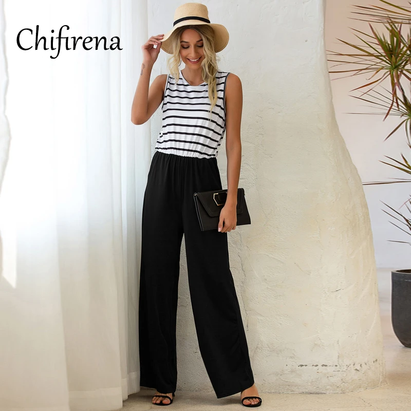 

Chifirena 2021 Summer Jumpsuit Women Sleeveless Patchwork Overalls for Women Print Loose Tank Playsuit Beach Boho Sexy Rompers