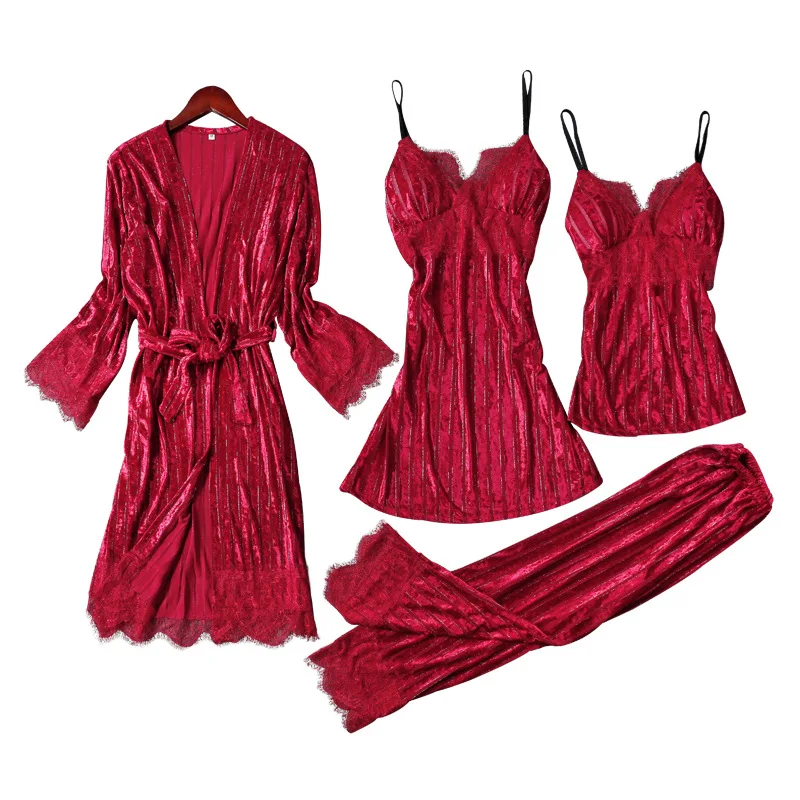 

Soft Nightwear Women Pajamas Set 4PCS Sleepwear Velour Kimono Bathrobe Gown Lace Patchwork Intimate Lingerie Home Clothes