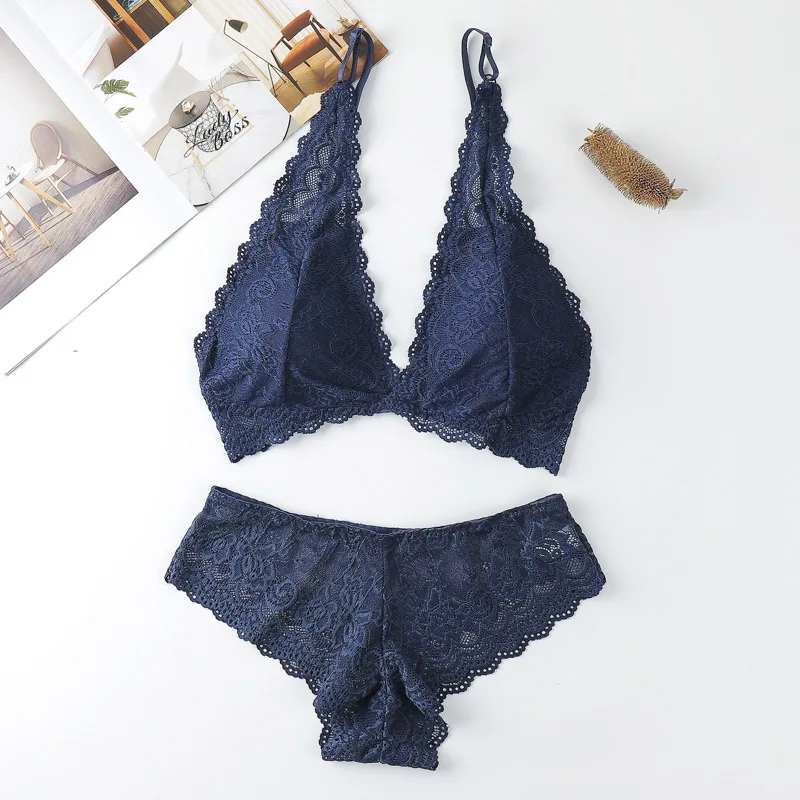 

Gobetter Women Lace Bra Sets Seamless Deep V Triangle Cup Underwear Backless Sexy Bras and Panties Set Lingerie Bralette Briefs