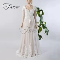 formal v neck a line wedding dresses organza see through bridal gown long sleeve lace appliques wedding party gowns for ladies