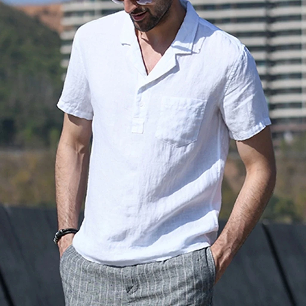 

2021 Retro linen men's shirt short sleeve solid color lapel collar pocket casual Mayo shirt