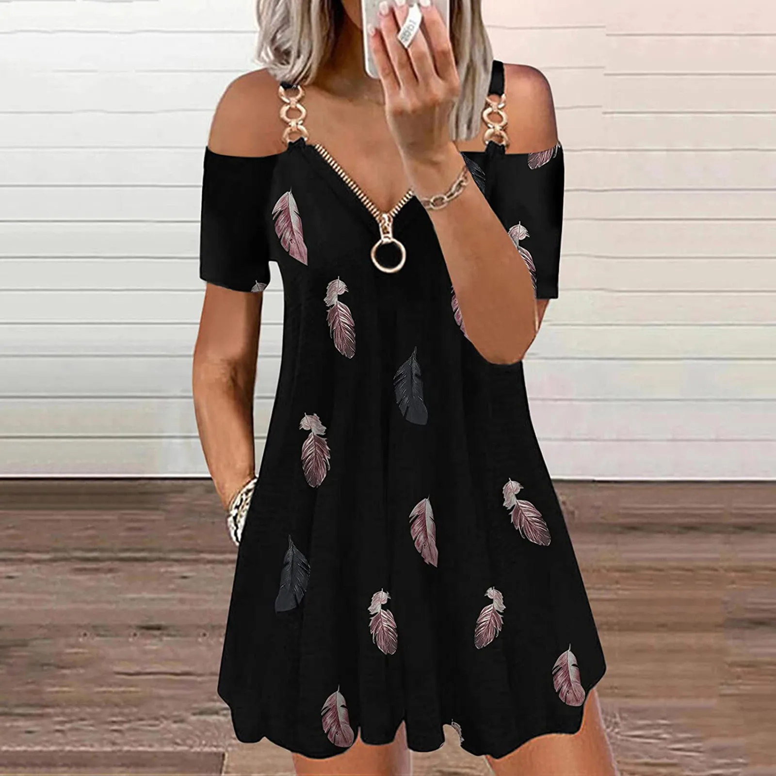 

Dresses 2021 Summer New For Women V-neck Zipper Camisole Print Casual Short Sleeve Loose Temperament Party Midi Dress Платье