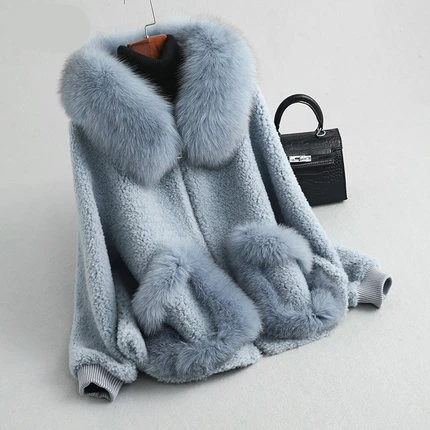 Blue Натуральное меховое пальто женский воротник из лисьего меха шерстяное пальто новая осенне-зимняя утепленная куртка женская верхняя одежда плюс размер одежда - Цвет: Blue