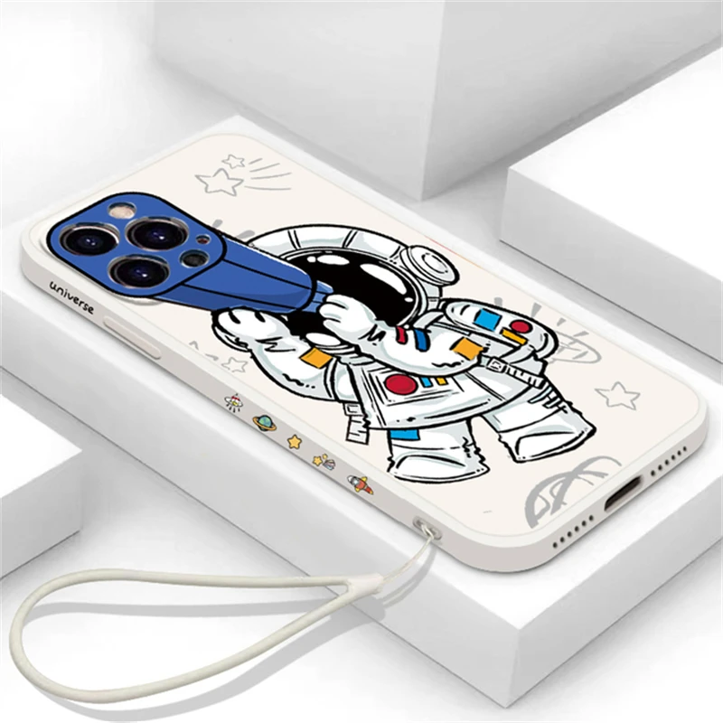 

For iPhone 13 Pro Max Case Astronaut Hand Lanyard Case For iPhone 11 12 13 Pro XS XR X 8 7 Plus Liquid Silicon Soft Cover